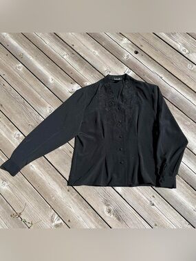 David Matthew black silky embellished vintage victorian blouse
